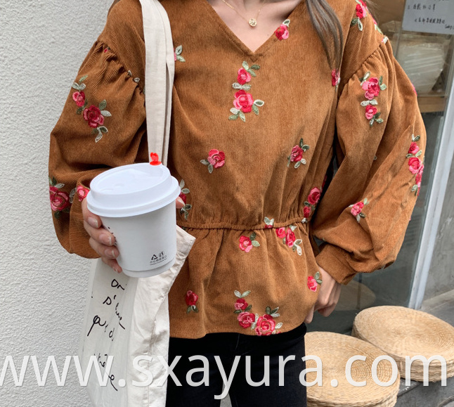 Autumn 2020 new fashion casual V-neck embroidered top